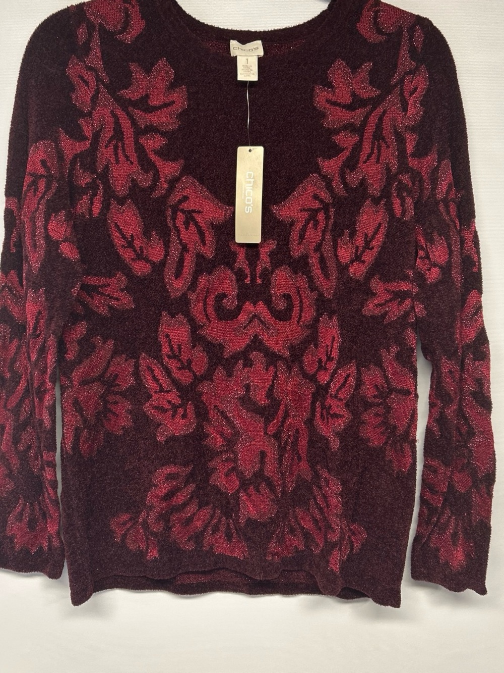 Chico's Burgundy and Red Floral Jacquard Crewneck Sweater